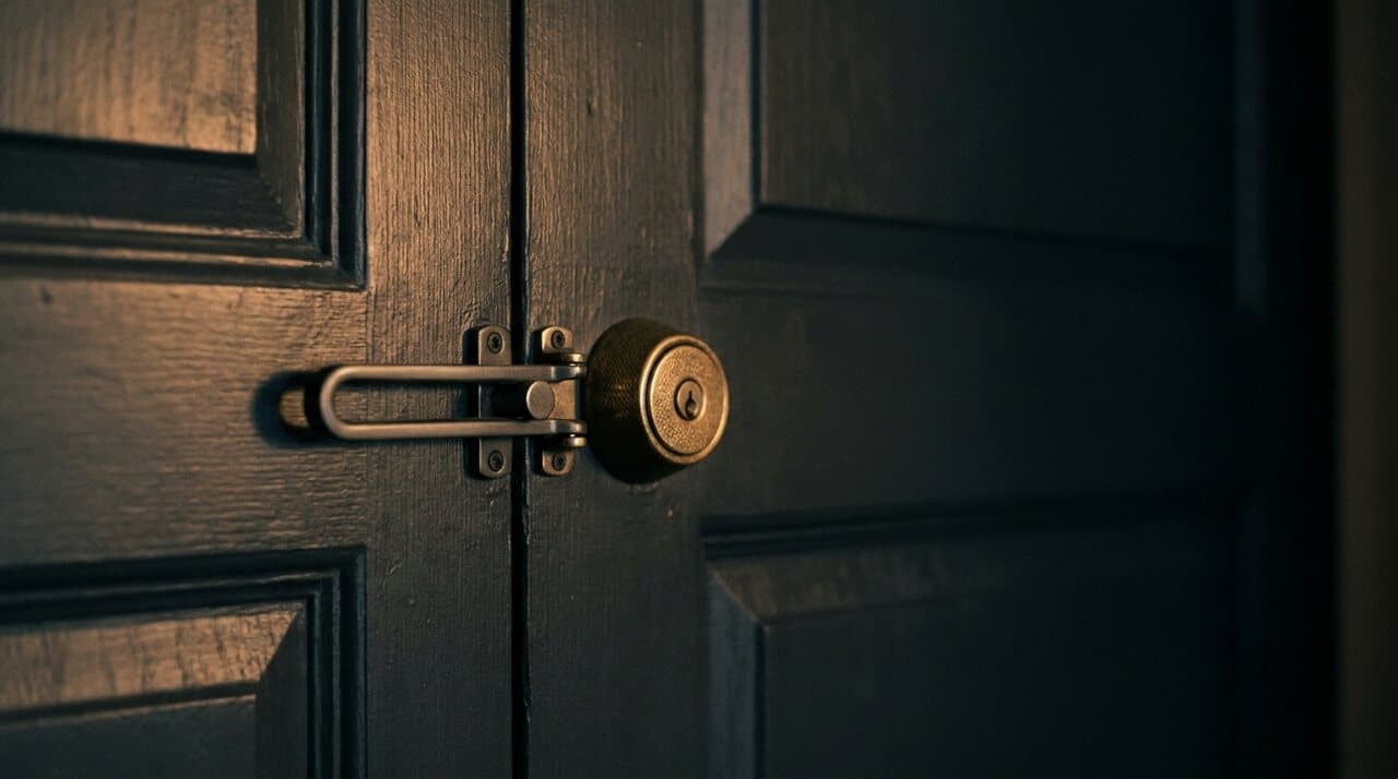 Close-up of an engaged hotel door deadbolt and swing-bar latch, a quick under-a-minute safety check
