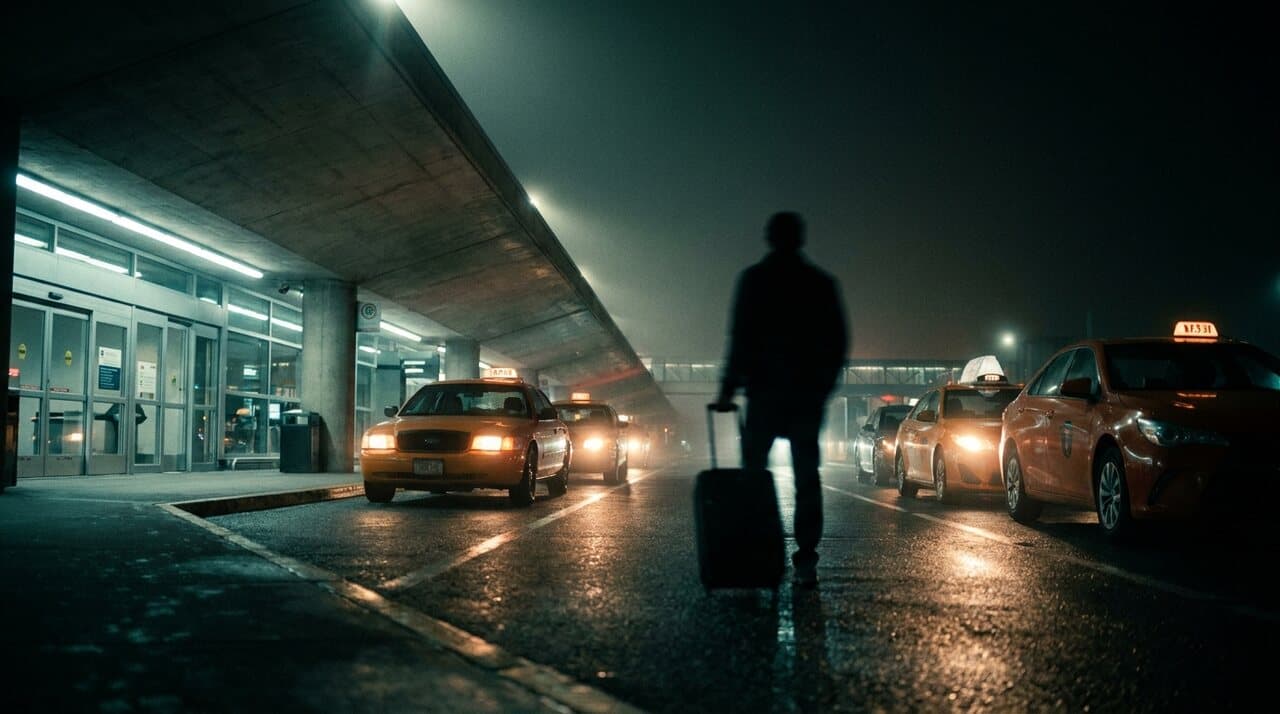Lone traveler with a suitcase beside a row of waiting taxis at an airport arrivals curb at night