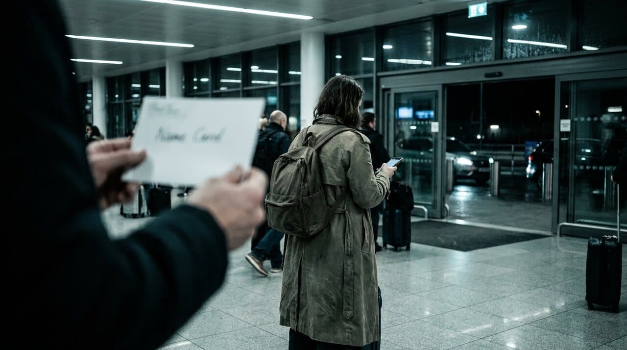 Woman traveler hesitating near airport exit doors while an unofficial driver holds a name card at arrivals