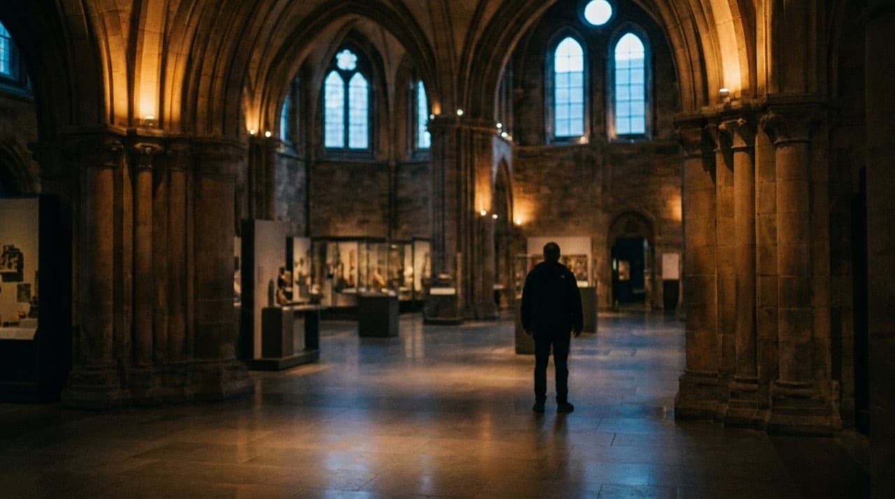 Lone visitor standing in a near-empty vaulted museum hall in the last hour before closing