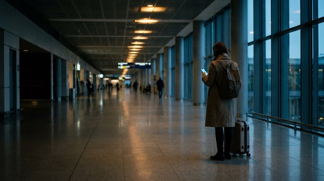 Lone traveler with a wheeled suitcase checking her phone in a quiet airport arrivals corridor at dawn