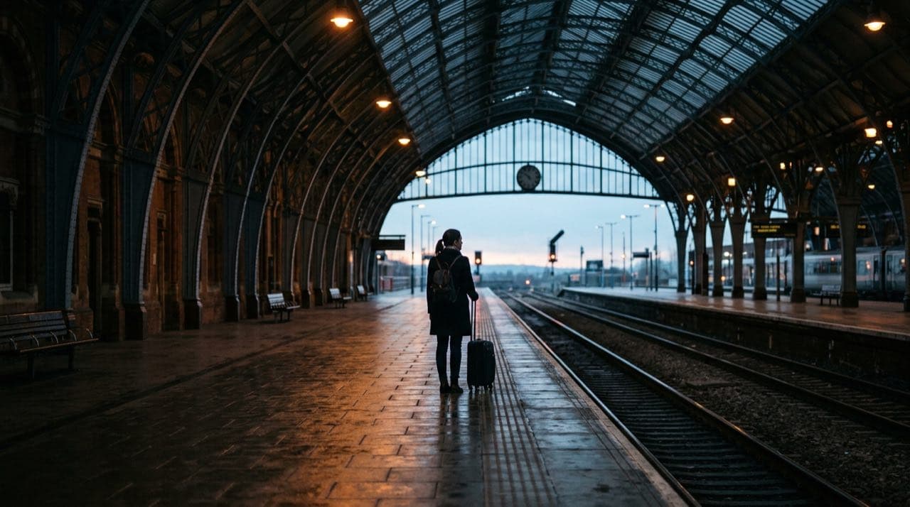 Solo traveler with a wheeled suitcase waiting on an empty railway station platform at dawn