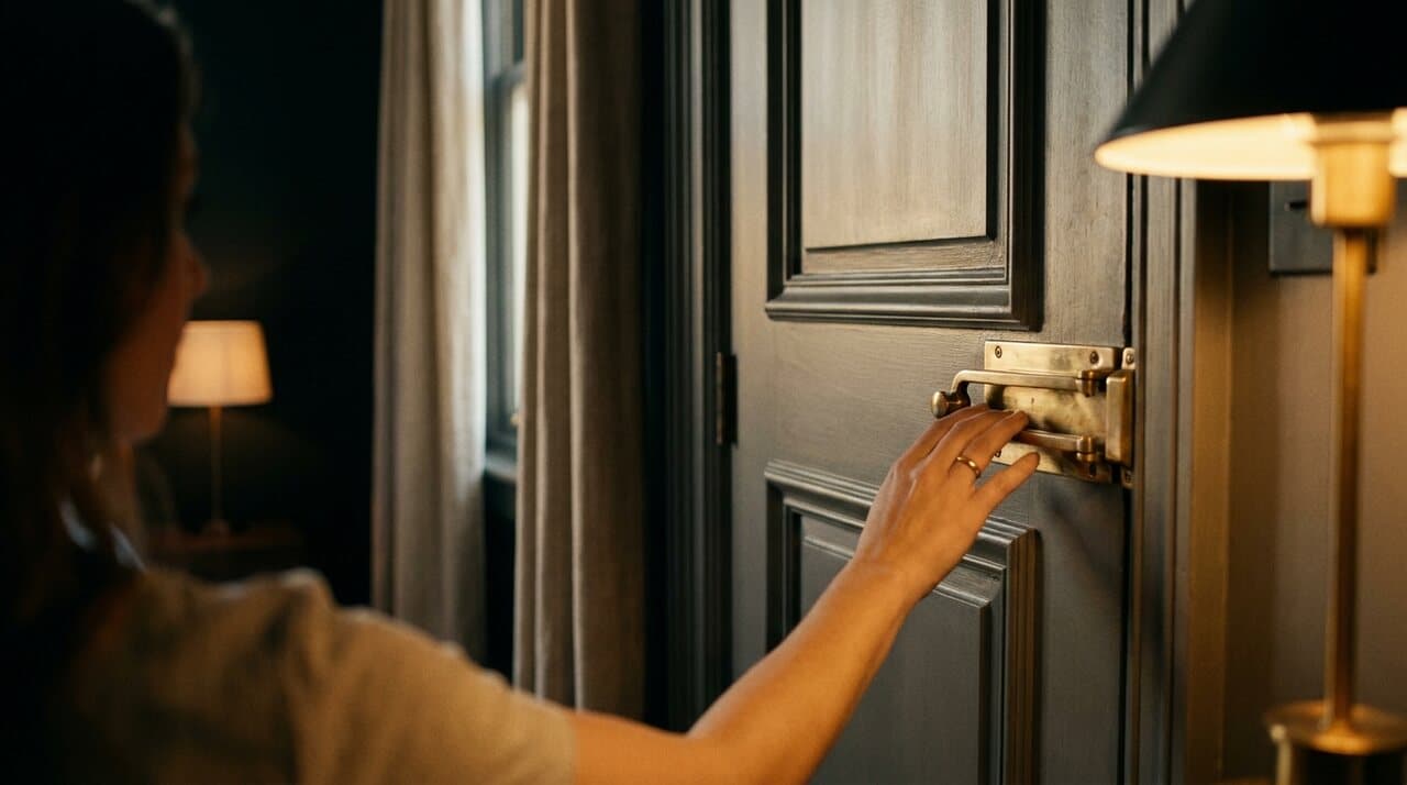 Hand resting on a brass hotel door latch in warm lamplight, a calm hotel room safety check