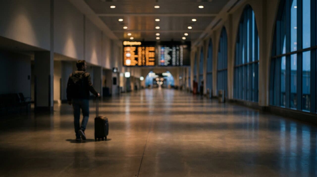 Lone traveler walking through a quiet dusk airport concourse past a blurred departure board