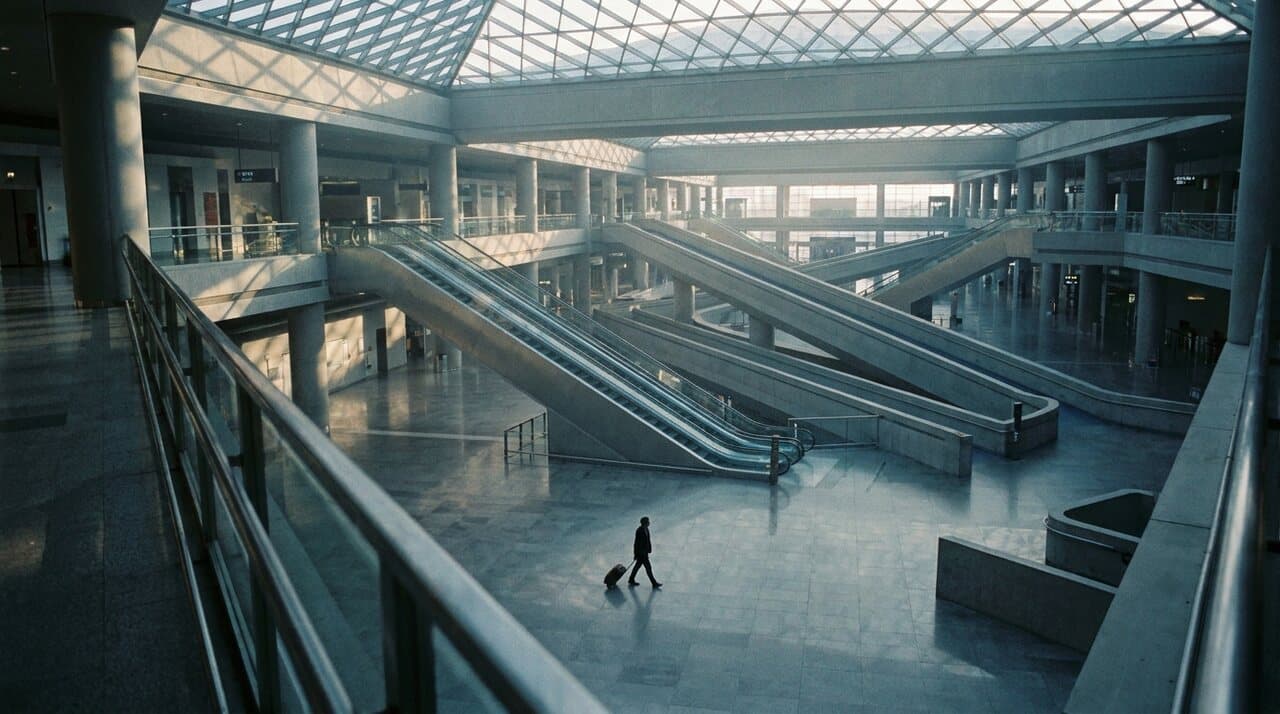 Overhead view of a vast multi-level airport terminal with a lone traveler crossing a long distance between gates